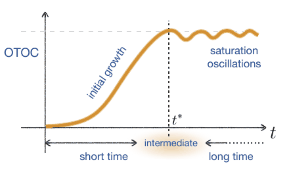 Sketch of an OTOC over time: near zero at early times, rapid growth, then oscillation around a saturation value.